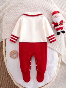 SHEIN 新生兒嬰兒菱格提花對比色鈕扣連身衣爬行服 - 紅色 - 查看 2