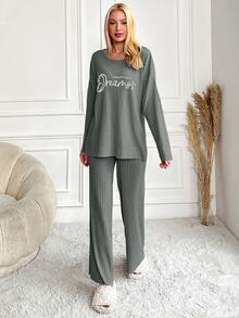 SHEIN Tall Size Women 2 Pcs Dark Green Rib Knitted Slogan Lettered Printed Round Neck Long Sleeved Shirt&L - Dark Green - View 3