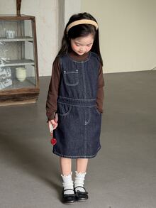 Dazy Kids Young Girl) Round Neck Contrast Stitching Sleeveless Vest Style Autumn Denim Dress - Dark Wash - View 7