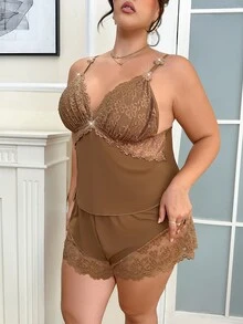 SHEIN 蕾絲拼接高彈力針織性感露背細肩帶背心與短褲大尺碼睡衣套裝 - 咖啡棕 - 查看 3