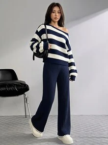 SHEIN Teen Girl Autumn/Winter Casual Deep Blue Striped/Asymmetrical Shoulder Pullover Sweater And Long Pants 2 Pieces Set, Suitable For Daily Wear,Autumn,Winter - Navy Blue - View 3