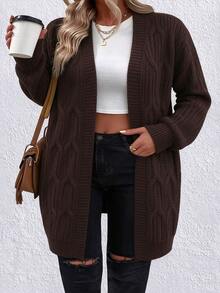 SHEIN LUNE Plus Size Color Block Patchwork Long Sleeve Casual Cardigan, Winter Fall Cloth For Women Autumn - Coffee Brown - View 3