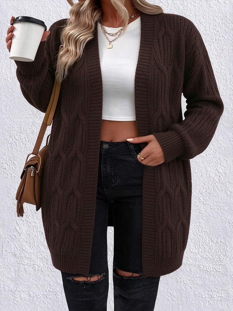 SHEIN LUNE Plus Size Color Block Patchwork Long Sleeve Casual Cardigan, Winter Fall Cloth For Women Autumn - Coffee Brown - View 1