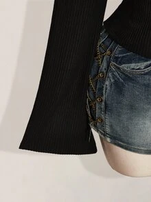 SHEIN ICON 大尺碼女款純色不對稱肩喇叭袖時尚T恤 - 黑色 - 查看 6