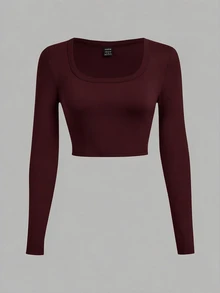 SHEIN EZwear 女款純色方領長袖短版休閒T恤（3件組） - 彩色 - 查看 7