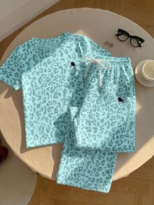 SHEIN EZwear 女款豹紋短袖T恤與抽繩腰長褲休閒套裝 - 綠色 - 查看 4
