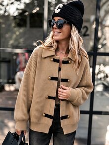 Balvessa Women's Autumn/Winter Button Design Dropped Shoulder Long Sleeve Knit Cardigan - Khaki - View 3