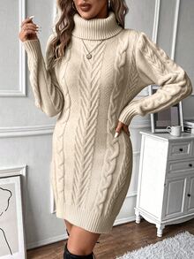 SHEIN 女款純色極簡高領長袖針織洋裝 秋冬女裝 - 米色 - 查看 7