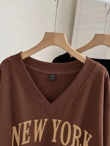 SHEIN LUNE 2PCS Plus Size Sweatshirts Hoodies Autumn Office Formal Date Night Brown Black Brown Letter Print Soft Form Modest Casual Soft Form Racing Western - Multicolor - View 4