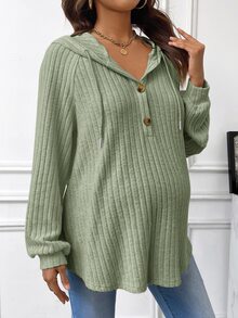 SHEIN 孕婦鈕扣半開襟抽繩運動衫，羅紋細節與插肩袖設計，適合冬季世界盃 - 軍綠色 - 查看 1