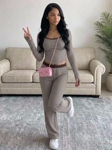 青少年女孩針織咖啡色與杏色條紋拼接長袖T恤與長褲休閒兩件套 - 咖啡棕 - 查看 5