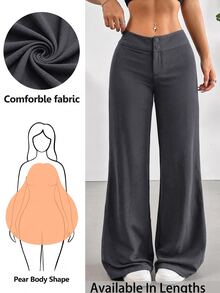 SHEIN Tall CURVE 大尺碼女款純色腰部鈕扣設計寬腿長褲 - 深灰色 - 查看 1