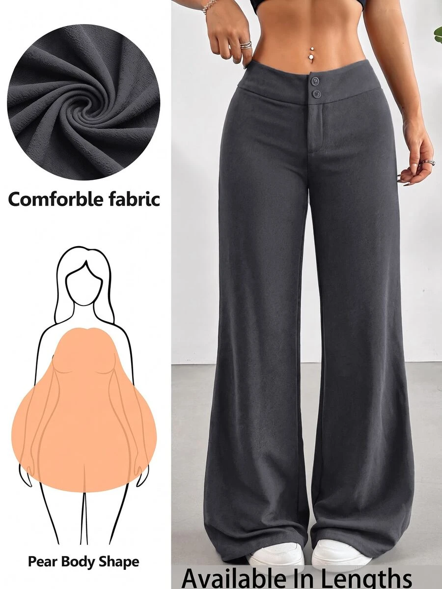 SHEIN Tall CURVE 大尺碼女款純色腰部鈕扣設計寬腿長褲 - 深灰色 - 查看 1