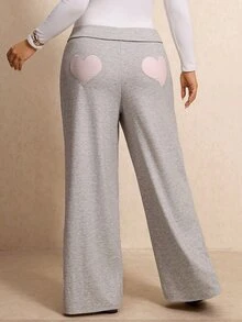 Elaquor Plus Size Women's Striped Heart Embroidered Wide Leg Casual Pants - Grey - View 5