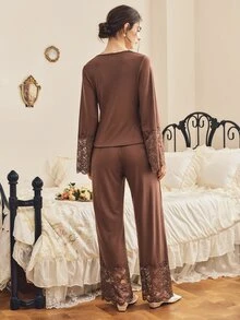 Côtesoire Women's Lace Patchwork Long Sleeve Top And Pants Casual Daily ...