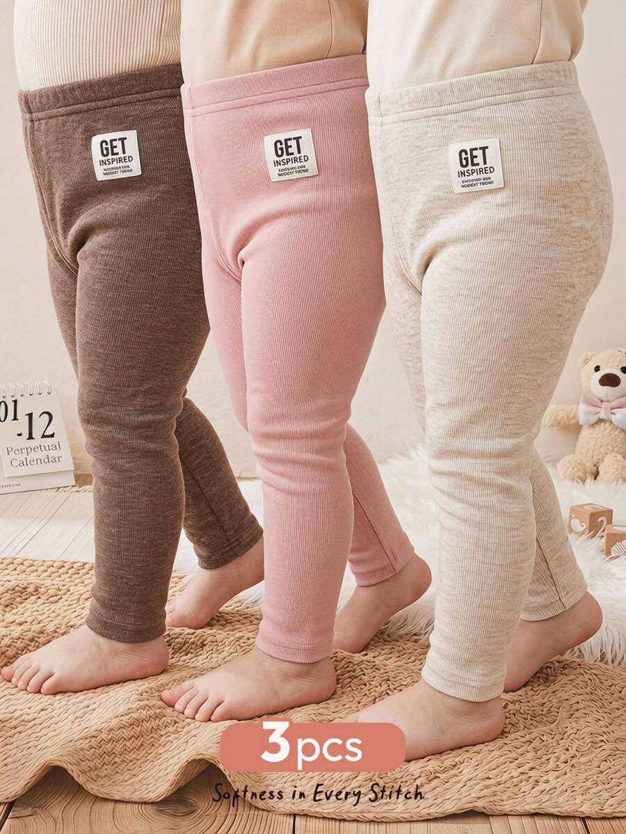 Cozy Pixies 3件組女嬰休閒日常舒適抓絨內裡內搭褲,3款各1件 - 彩色 - 查看 1