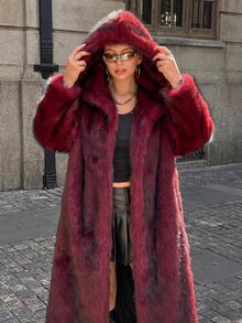 GalTyme Plus Size Women's Hooded Long Sleeve Loose Fashion Fuzzy Thick Coat - Burgundy - View 3