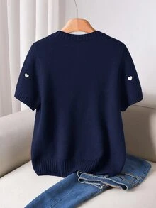 CosyJoli 大尺碼女款愛心刺繡圓領短袖單排扣休閒可愛仙氣針織開襟衫，米色，適合秋季正式場合、約會之夜、派對與冬季 - 藏蓝色 - 查看 2