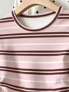 (3 Pcs) Kaos Lengan Panjang Kasual Modis Motif Polkadot Abu-abu Leopard Pink Coklat Putih dengan Pinggang Berkerut untuk Anak Perempuan - MultiWarna - View 3