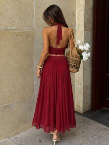 INAWLY Burgundy Halter Deep V-Neck Ruched Cropped Top + Flowy Pleated Long Skirt 2 Pieces Set - Burgundy - View 2