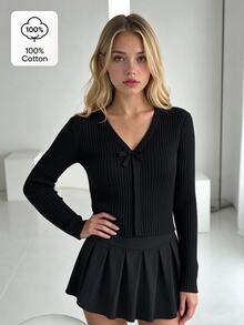 SHEIN 少女純色V領休閒日常開襟衫 - 黑色 - 查看 1