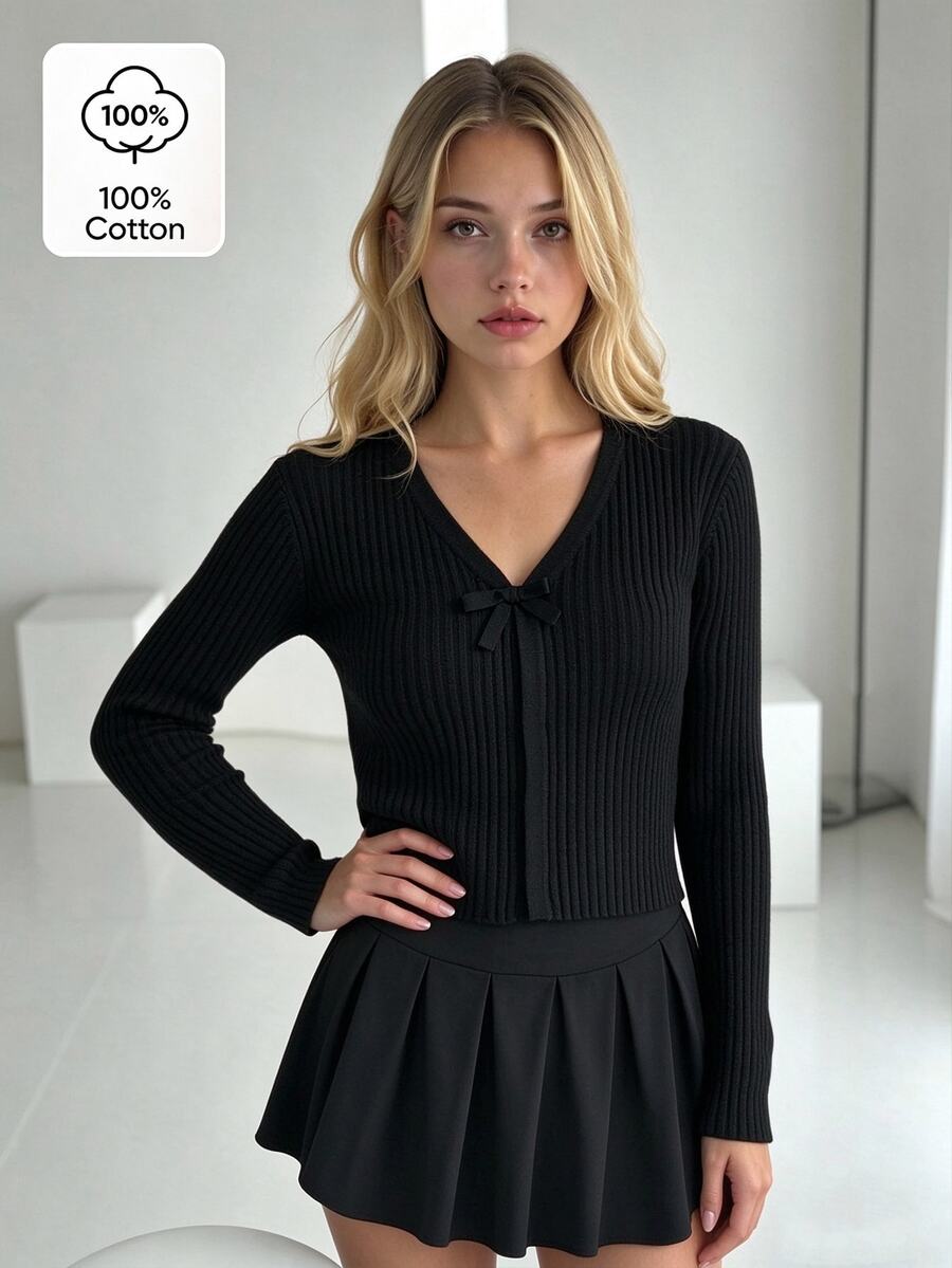 SHEIN 少女純色V領休閒日常開襟衫 - 黑色 - 查看 1