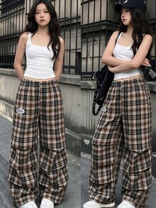 Genkimix Kids 青少年女孩棕色格紋寬腿褲，休閒鬆緊腰寬鬆大廓形長褲，Y2K街頭風工裝格紋運動褲 - 棕色 - 查看 2
