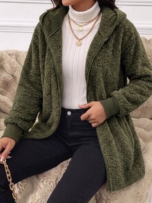 SHEIN Clasi 女款羊羔毛連帽休閒百搭日常長袖秋季運動機場穿搭拉鍊保暖咖啡棕色夾克，適合返校、上班、公路旅行與旅遊 - 軍綠色 - 查看 4