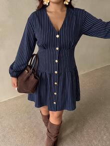 Auralis Autumn V-Neck Blue Striped Plus Size Waist-Cinching A-Line Mini Dress Metal Button Row Decor Vintage 1920s Elegant Teachers' Day Office Formal Fall - Multicolor - View 4