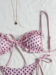 Swim Mod 新款春夏海灘泳池派對度假時尚性感可愛波點印花荷葉邊抽繩細肩帶比基尼兩件式泳衣女款 - 粉色 - 查看 6