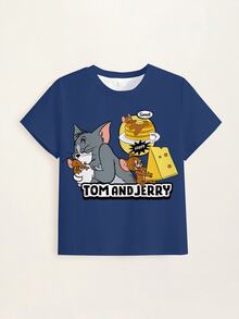 TOM & JERRY X SHEIN Young Boy Letter Cartoon Print Casual Daily Short Sleeve T-Shirt - White - View 7