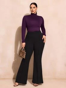 SHEIN SXY 大尺碼純色修身高領長袖百搭T恤 基本款秋季辦公休閒黑色常規休閒上衣 - 紫色 - 查看 4