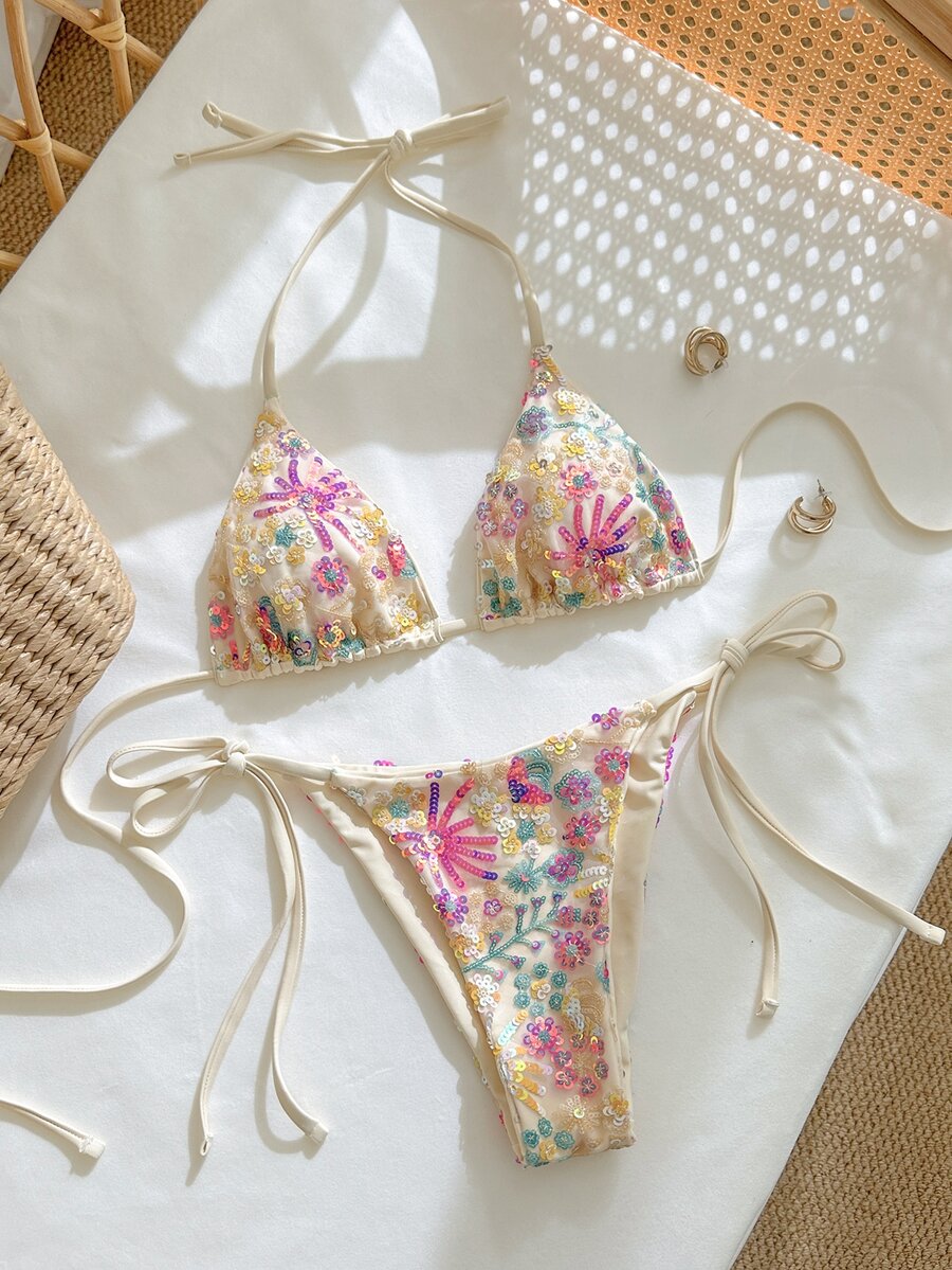 Swim Mod 女款 2 件組彩色亮片與珠飾刺繡比基尼套裝,掛脖綁帶三角上衣搭配側綁下褲,夏季海灘度假女裝 - 米色 - 查看 1