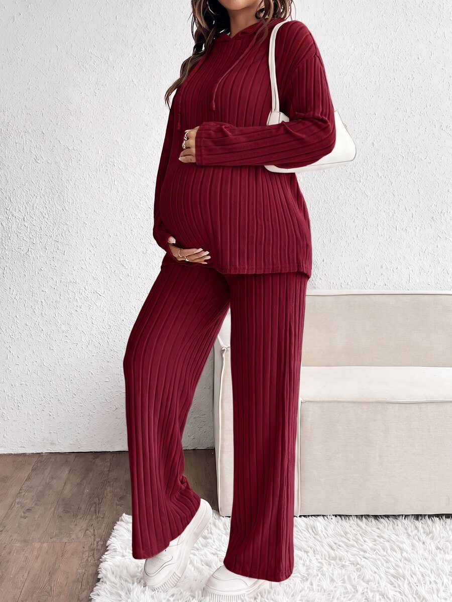 SHEIN 2pcs Maternity Casual Solid Color Hoodie Top And Pants Set Fall - Burgundy - View 1