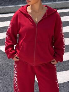 Muchica Plus Size Women's Letter Print Zip-Up Hoodie And Sweatpants Casual 2 Pieces Set - Burgundy - View 3