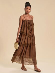 Travachic Women's Solid Color Ruffle Front Tie Strap Dress Squishy Fairy Spring/Summer New Chiffon Crinkled Contrast Lace Adjustable Strap Tiered Maxi Dress - Brown - View 2