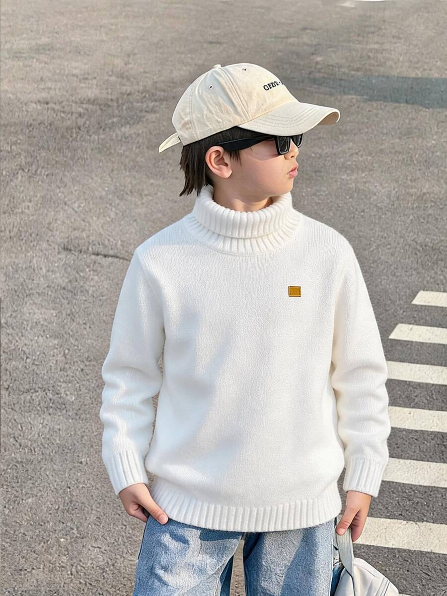 SHEIN Little Byeori 兒童青少年男孩休閒日常百搭舒適高領長袖套頭針織毛衣 素色 適合通勤上學日常休閒度假旅行運動 秋冬 - 白色 - 查看 1