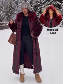 GalTyme Plus Size Women's Hooded Long Sleeve Loose Fashion Fuzzy Thick Coat - Burgundy - View 10