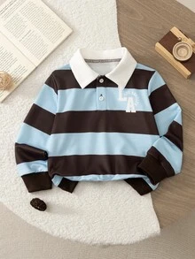 SHEIN 男童休閒條紋印花POLO領長袖衛衣，休閒學院風POLO衫，長袖半開襟前襟可愛設計衛衣 - 棕色 - 查看 3