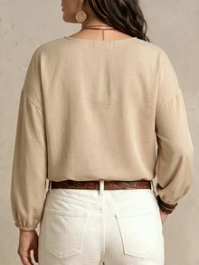 NostaNoir Women's Autumn/Winter New Hot-Selling Colorblock Striped Webbing Patchwork Layered V-Neck Casual Versatile Plus Size Shirt - Khaki - View 2