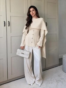 Veilorie 女款優雅通勤純色披肩領繫腰襯衫 - 杏色 - 查看 3