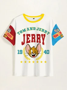 TOM & JERRY X SHEIN Women's Letter Print Round Neck Short Sleeve Casual T-Shirt - White - View 7