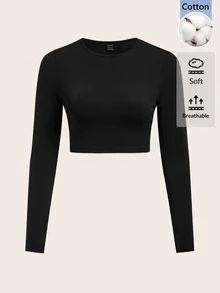 SHEIN BASICS 女款素色休閒日常長袖T恤 - 黑色 - 查看 1