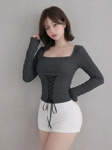 FRIFUL Women's Solid Color Square Neck Long Sleeve Waist Tie Design Casual T-Shirt - Black - View 3