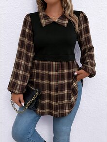 SHEIN LUNE Plus Size Casual Plaid Patchwork Knit Ribbed Fabric Lantern Sleeve Swallowtail Collar Women's Blouse Shirt - Multicolor - View 5