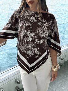Aloruh 女款春夏圓領圍巾上衣，適合度假、約會、海灘、海邊，米色浪漫風夏季上衣 - 咖啡棕 - 查看 8
