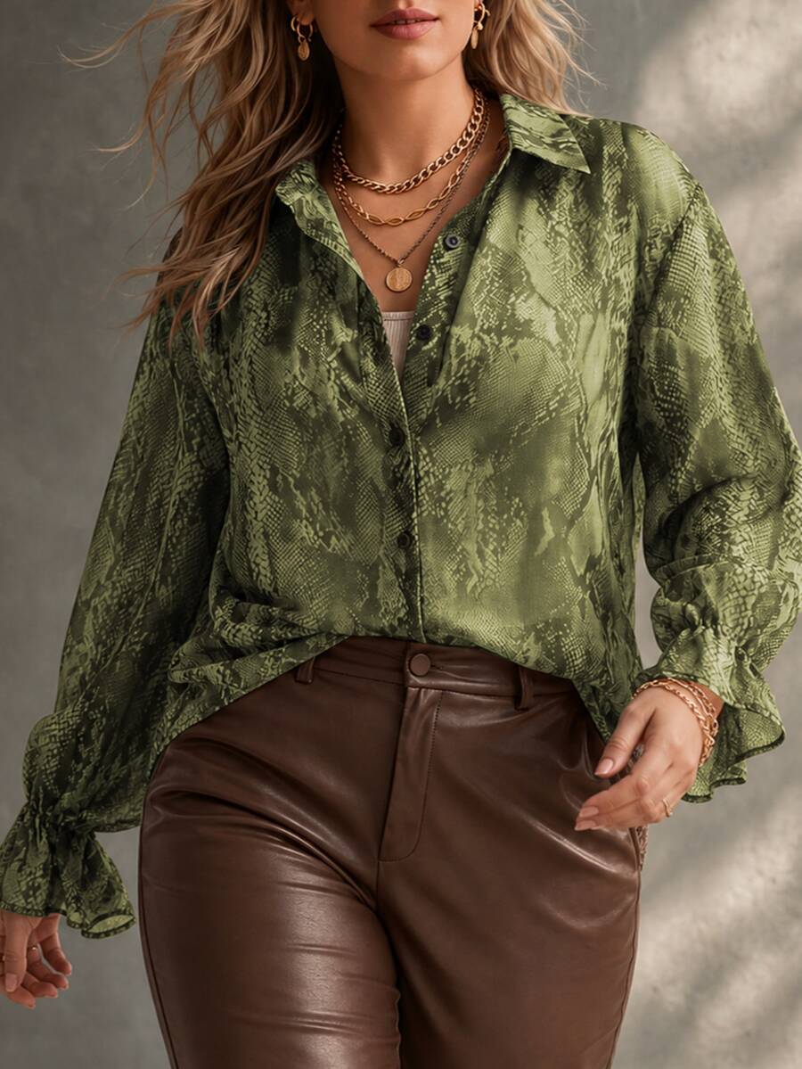 Ceyna Plus Size Lightweight Fabric Snake Print Long Sleeve Shirt - Olive Green - View 1