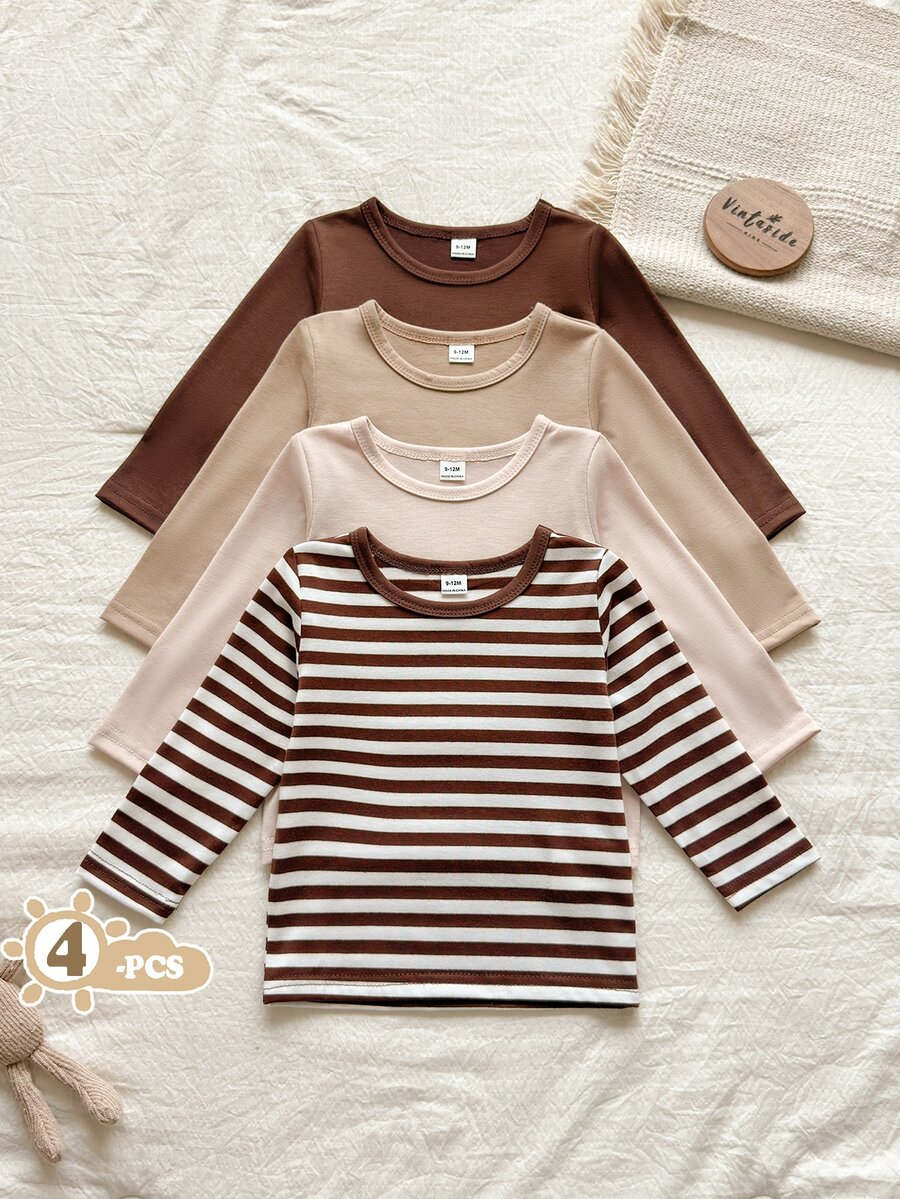 SHEIN Vintaside Kids Baby Boy Simple & Comfortable Long Sleeve Tops 4pcs Set, Versatile For Autumn - Multicolor - View 1