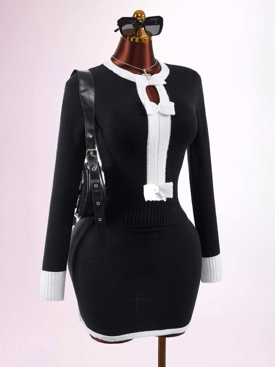 Mistrie Women's Colorblock Casual Cute Elegant Versatile Daily Outing Cardigan Everyday Date Black And White - Black and White - View 1