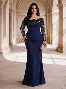 Coutiva Plus Size Women's Lace Patchwork Elegant Waist-Cinching Formal Evening Gown Dress - Navy Blue - View 3